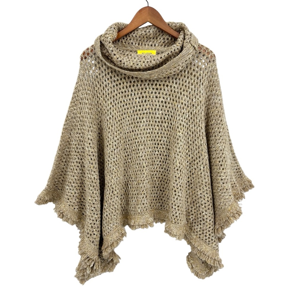 ST JOHN Poncho Cape Open Knit Crochet Wool Blend Cowl Neck